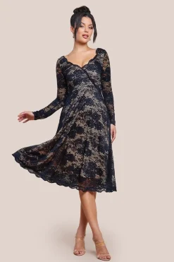 Scalloped Lace A-line Midi Dress - Black by Goddiva