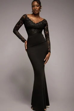 Scalloped Lace Bodice Long Sleeve Bardot Maxi Dress - Black by Goddiva