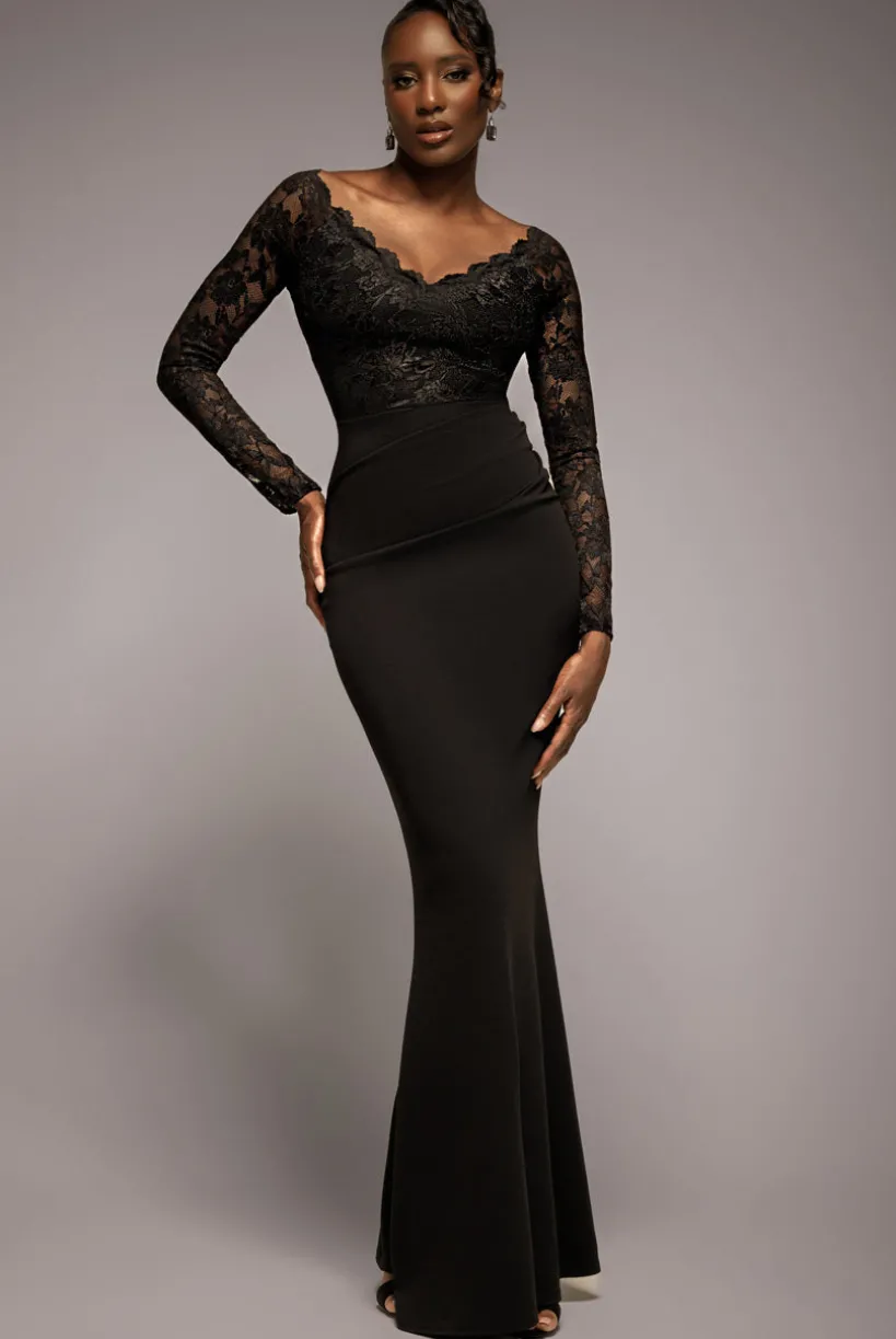 Scalloped Lace Bodice Long Sleeve Bardot Maxi Dress - Black by Goddiva