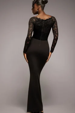 Scalloped Lace Bodice Long Sleeve Bardot Maxi Dress - Black by Goddiva