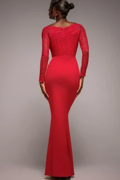 Scalloped Lace Bodice Long Sleeve Bardot Maxi Dress - Red by Goddiva
