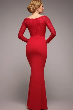Scalloped Lace Bodice Long Sleeve Bardot Maxi Dress - Red by Goddiva