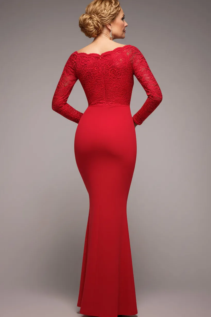 Scalloped Lace Bodice Long Sleeve Bardot Maxi Dress - Red by Goddiva