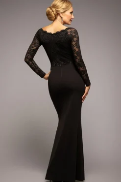 Scalloped Lace Bodice Long Sleeve Bardot Maxi Dress - Black by Goddiva