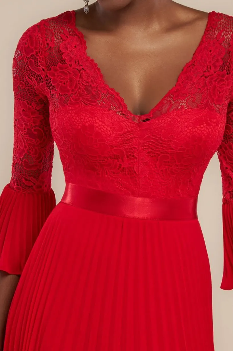 Scalloped Lace Bodice Pleated Chiffon A Line Maxi Dress - Red by Goddiva