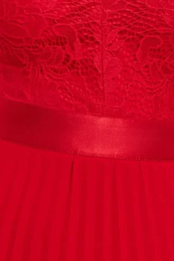 Scalloped Lace Bodice Pleated Chiffon A Line Maxi Dress - Red by Goddiva