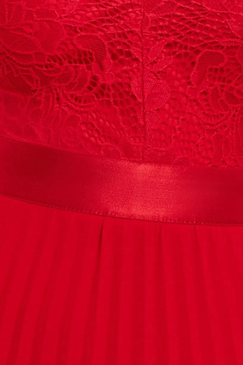 Scalloped Lace Bodice Pleated Chiffon A Line Maxi Dress - Red by Goddiva