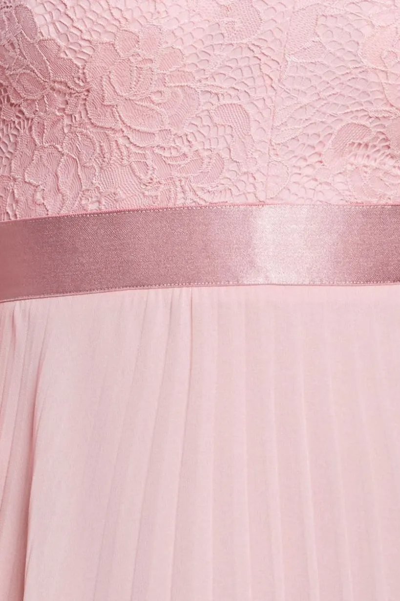 Scalloped Lace Bodice Pleated Chiffon A Line Maxi Dress - Blush Pink by Goddiva