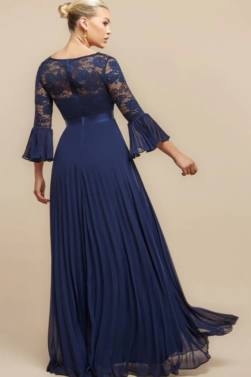 Scalloped Lace Bodice Pleated Chiffon A Line Maxi Dress - Navy Blue by Goddiva