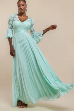 Scalloped Lace Bodice Pleated Chiffon A Line Maxi Dress - Mint Green by Goddiva
