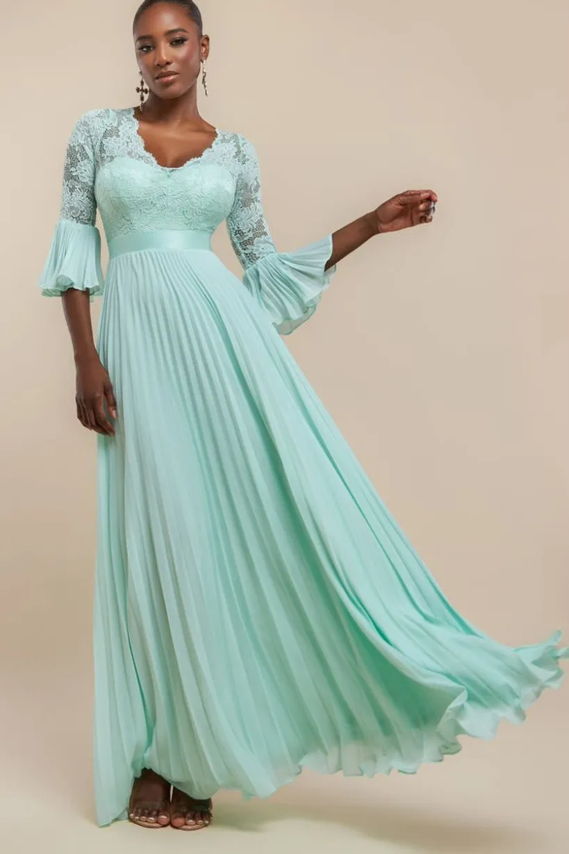 Scalloped Lace Bodice Pleated Chiffon A Line Maxi Dress - Mint Green by Goddiva