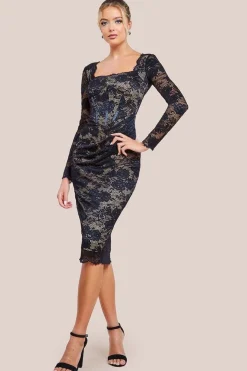 Scalloped Lace Corset Bodice Midi Dress - Black by Goddiva