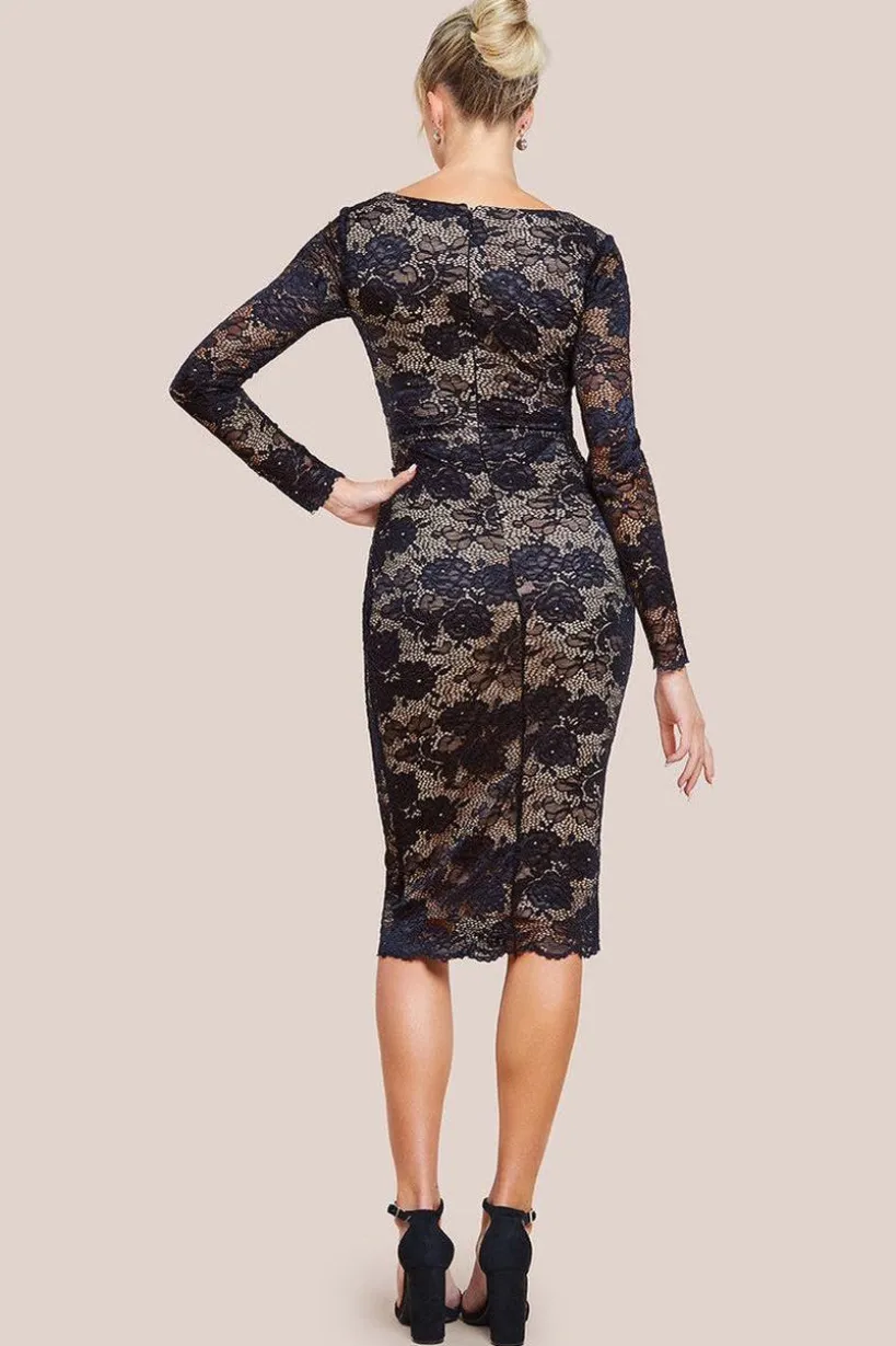 Scalloped Lace Corset Bodice Midi Dress - Black by Goddiva