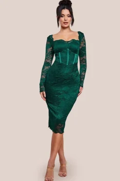 Scalloped Lace Corset Bodice Midi Dress - Emerald Green by Goddiva