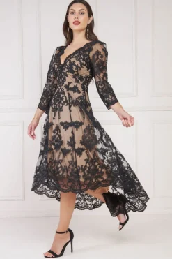 Scalloped Lace Dipped Hem Midi Dress - Black by Goddiva