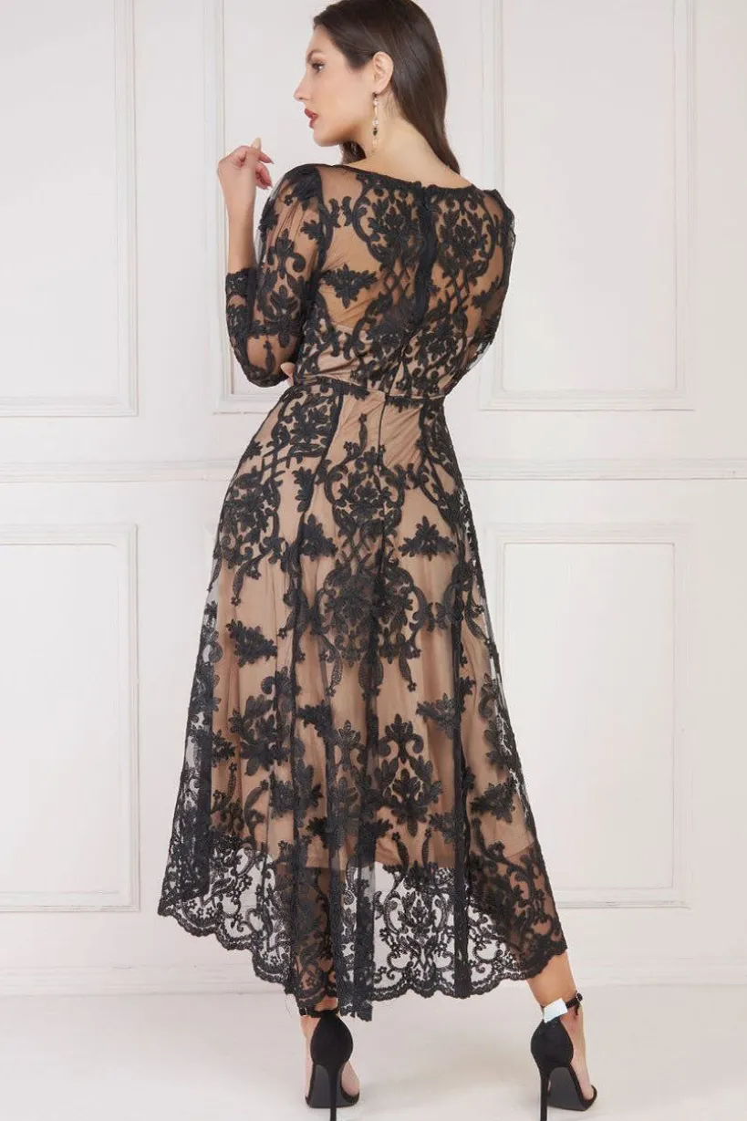 Scalloped Lace Dipped Hem Midi Dress - Black by Goddiva