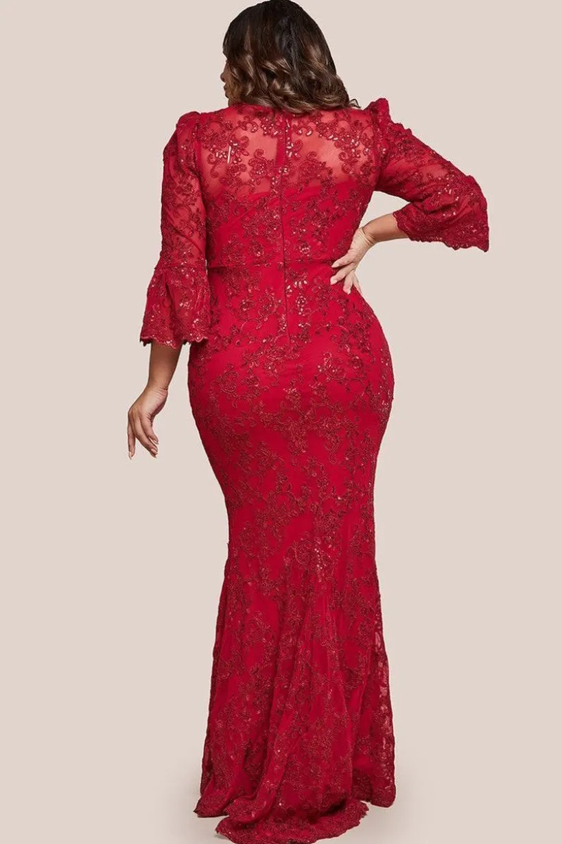 Scalloped Lace Maxi Dress - Red by Goddiva Plus