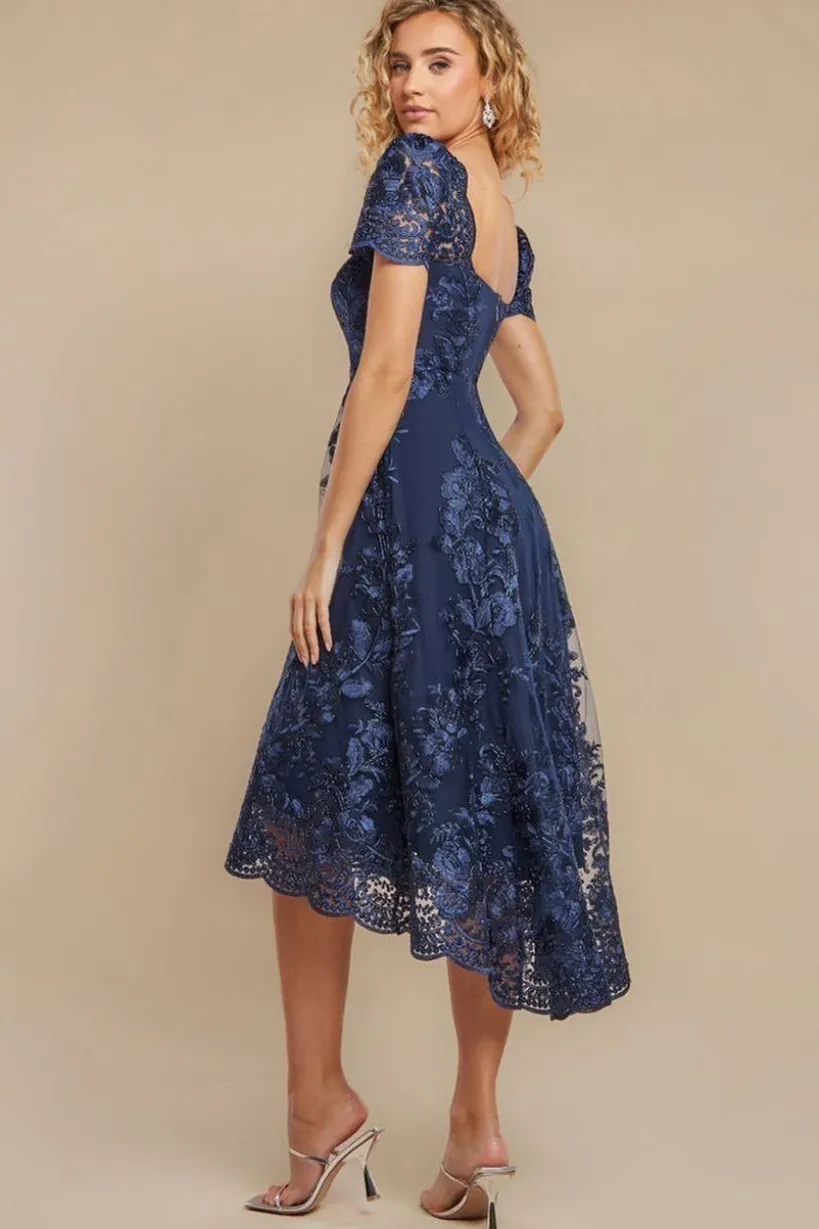 Scalloped Neck Embroidered Lace High Low Midi Dress - Navy Blue by Goddiva