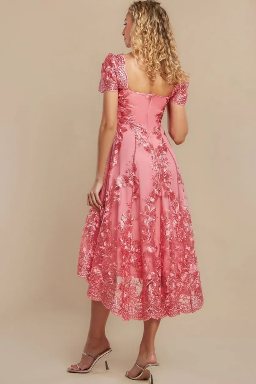 Scalloped Neck Embroidered Lace High Low Midi Dress - Coral by Goddiva