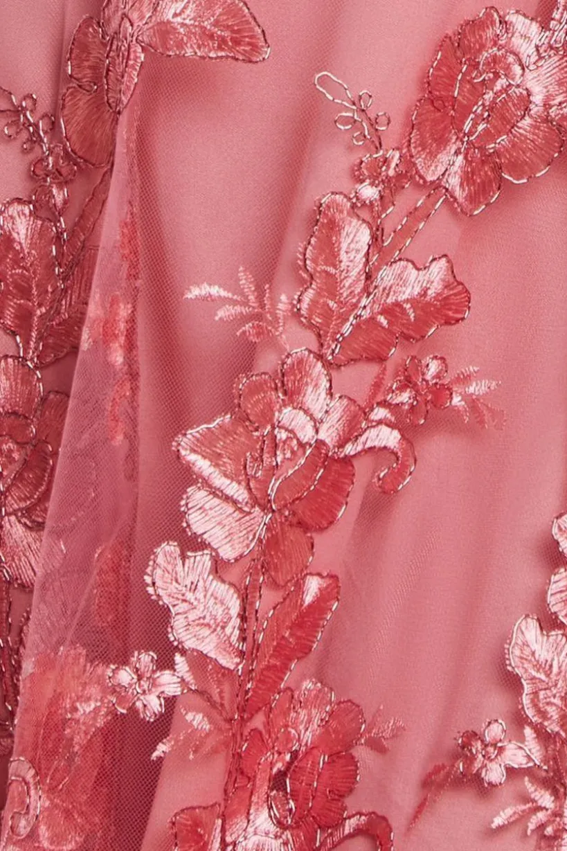 Scalloped Neck Embroidered Lace High Low Midi Dress - Coral by Goddiva