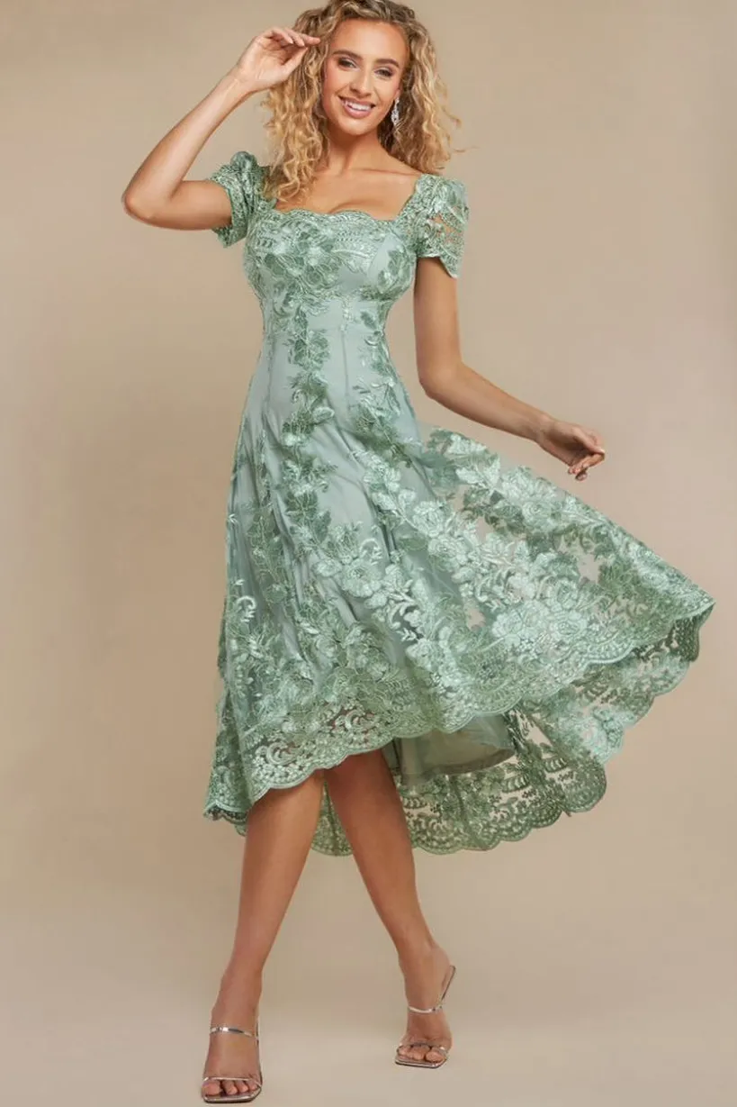 Scalloped Neck Embroidered Lace High Low Midi Dress - Sage Green by Goddiva