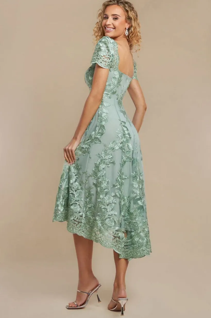 Scalloped Neck Embroidered Lace High Low Midi Dress - Sage Green by Goddiva