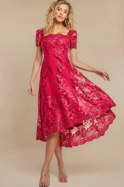 Scalloped Neck Embroidered Lace High Low Midi Dress - Magenta by Goddiva