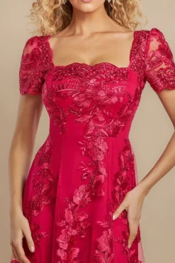 Scalloped Neck Embroidered Lace High Low Midi Dress - Magenta by Goddiva