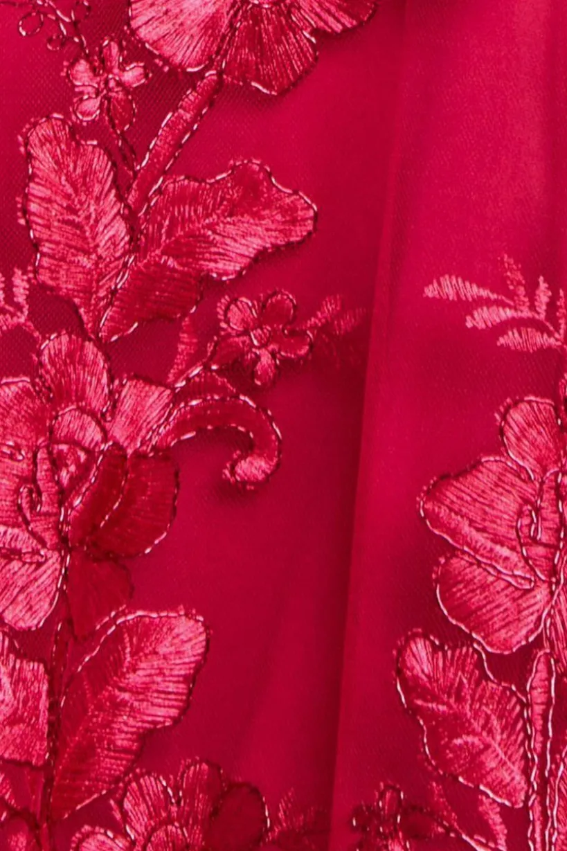 Scalloped Neck Embroidered Lace High Low Midi Dress - Magenta by Goddiva