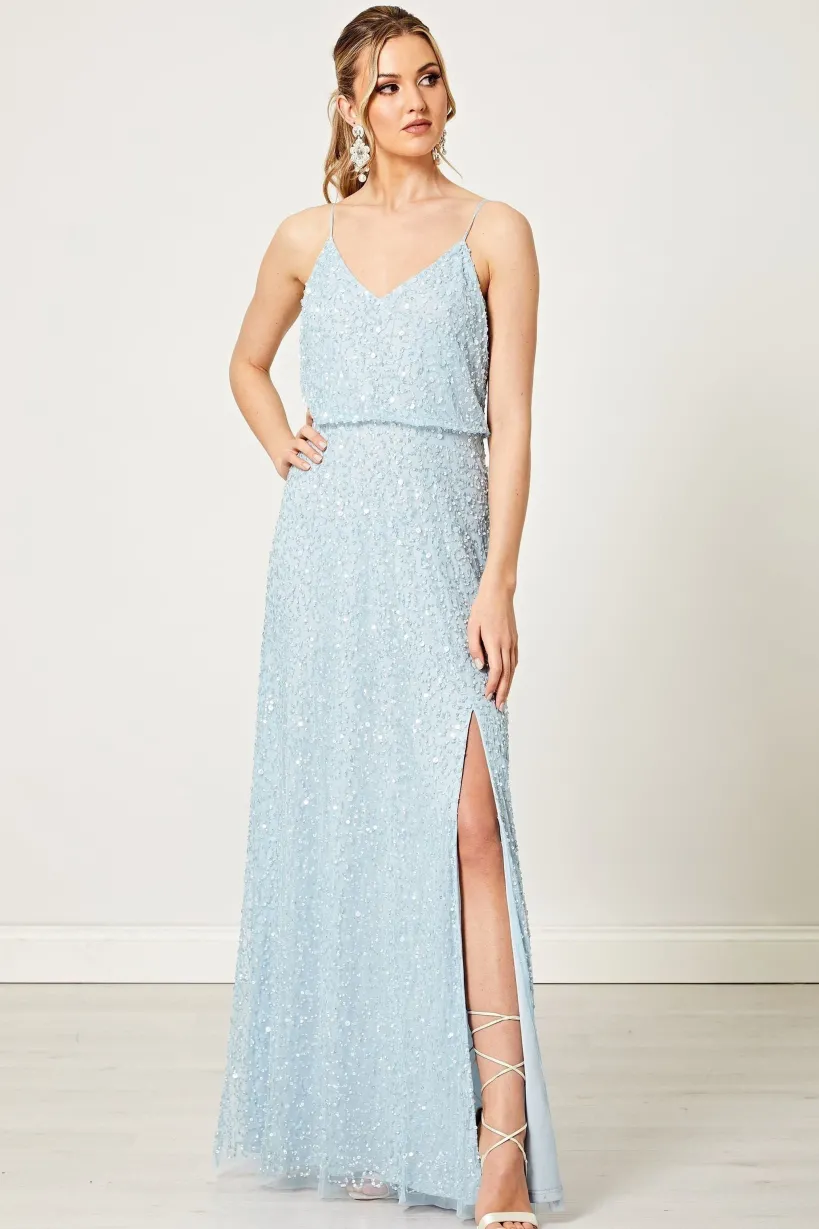 Scatter Embellished Sequin Maxi Dress In Silver Blue by Angeleye