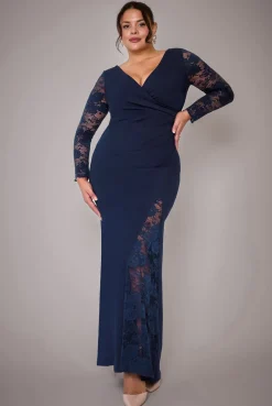 Scuba & Lace Wrap Maxi Dress - Navy Blue by Goddiva Plus
