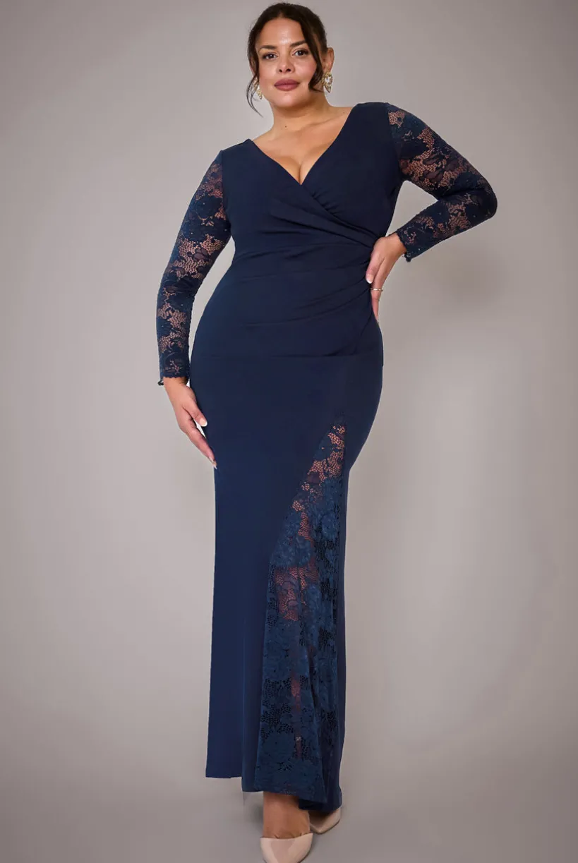 Scuba & Lace Wrap Maxi Dress - Navy Blue by Goddiva Plus