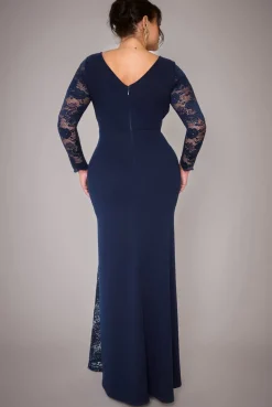 Scuba & Lace Wrap Maxi Dress - Navy Blue by Goddiva Plus