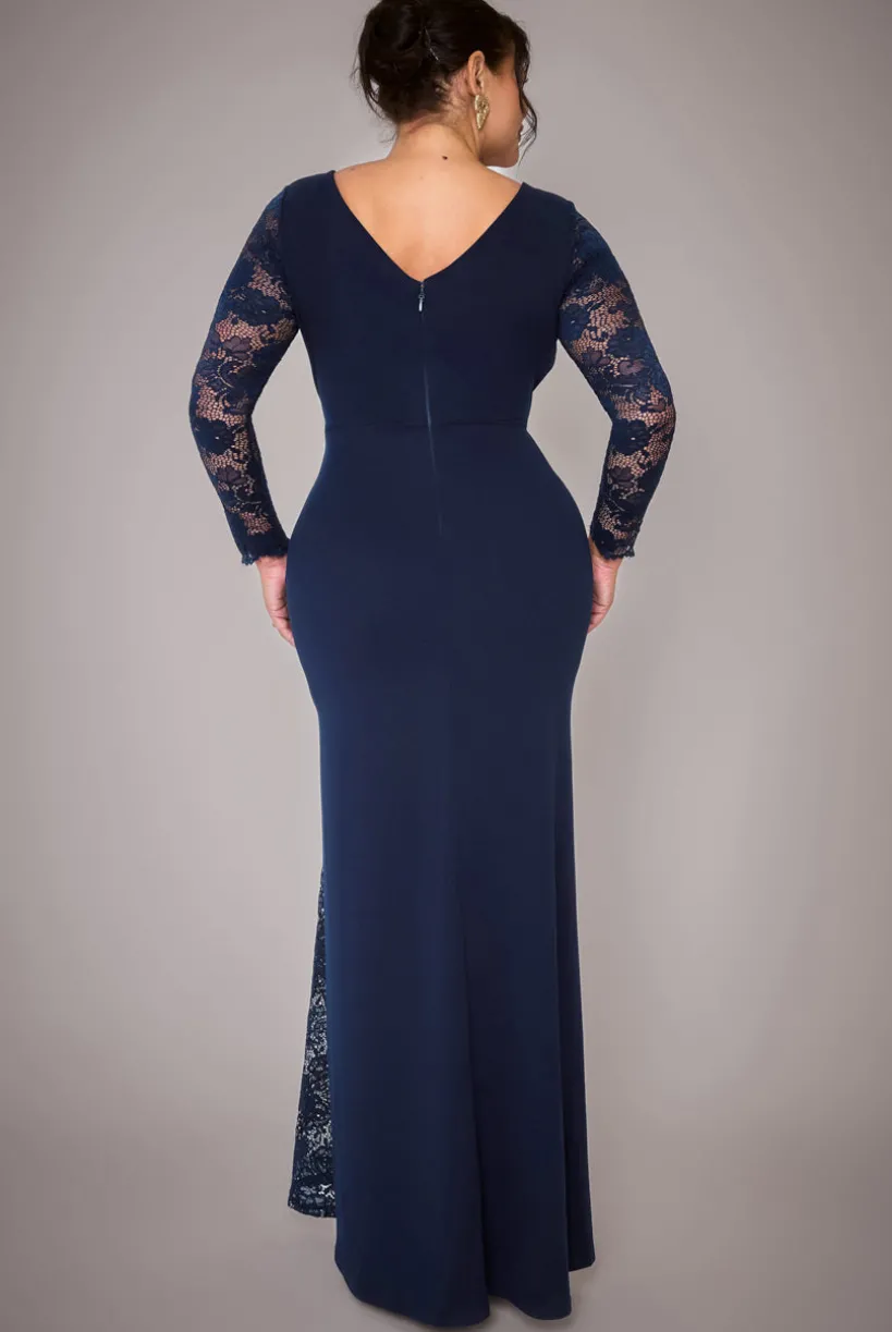 Scuba & Lace Wrap Maxi Dress - Navy Blue by Goddiva Plus