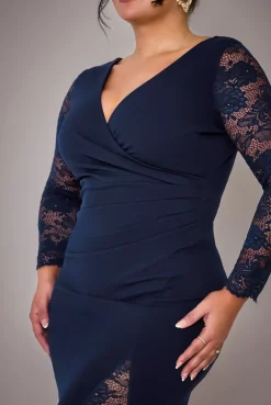 Scuba & Lace Wrap Maxi Dress - Navy Blue by Goddiva Plus