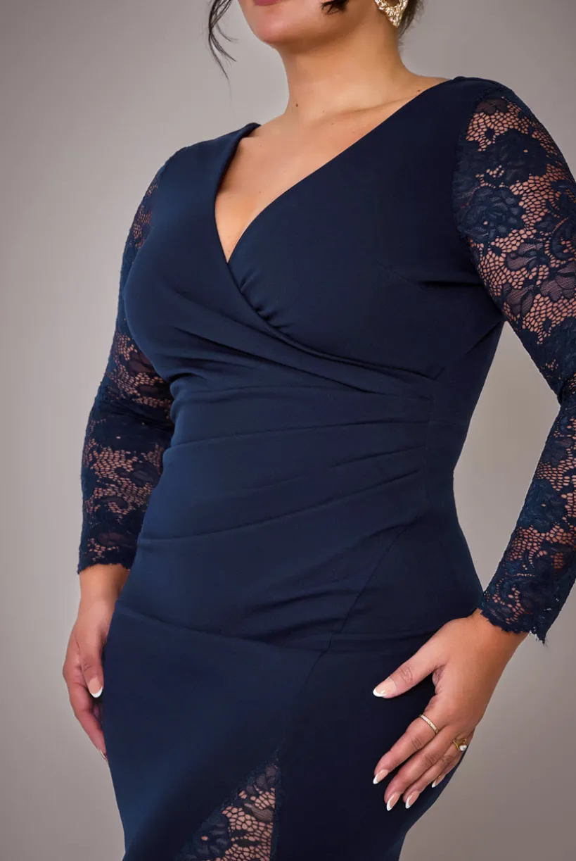 Scuba & Lace Wrap Maxi Dress - Navy Blue by Goddiva Plus