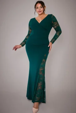Scuba & Lace Wrap Maxi Dress - Emerald by Goddiva Plus