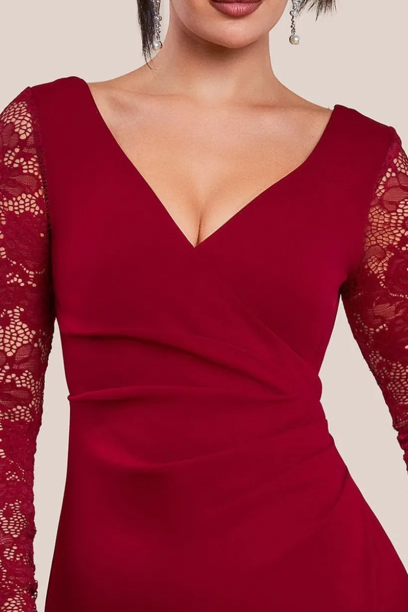 Scuba & Lace Wrap Maxi Dress - Wine by Goddiva