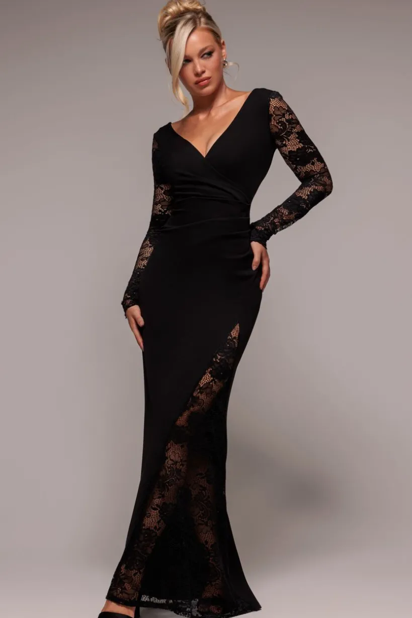 Scuba & Lace Wrap Maxi Dress - Black by Goddiva