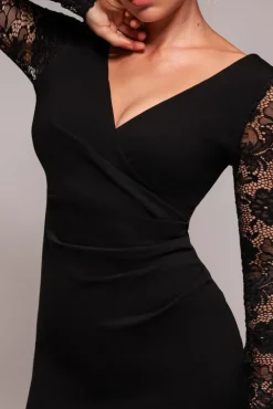 Scuba & Lace Wrap Maxi Dress - Black by Goddiva
