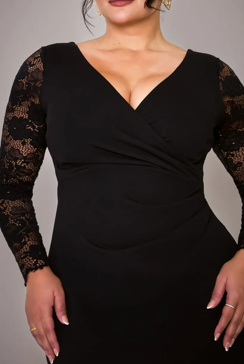 Scuba & Lace Wrap Maxi Dress - Black by Goddiva Plus