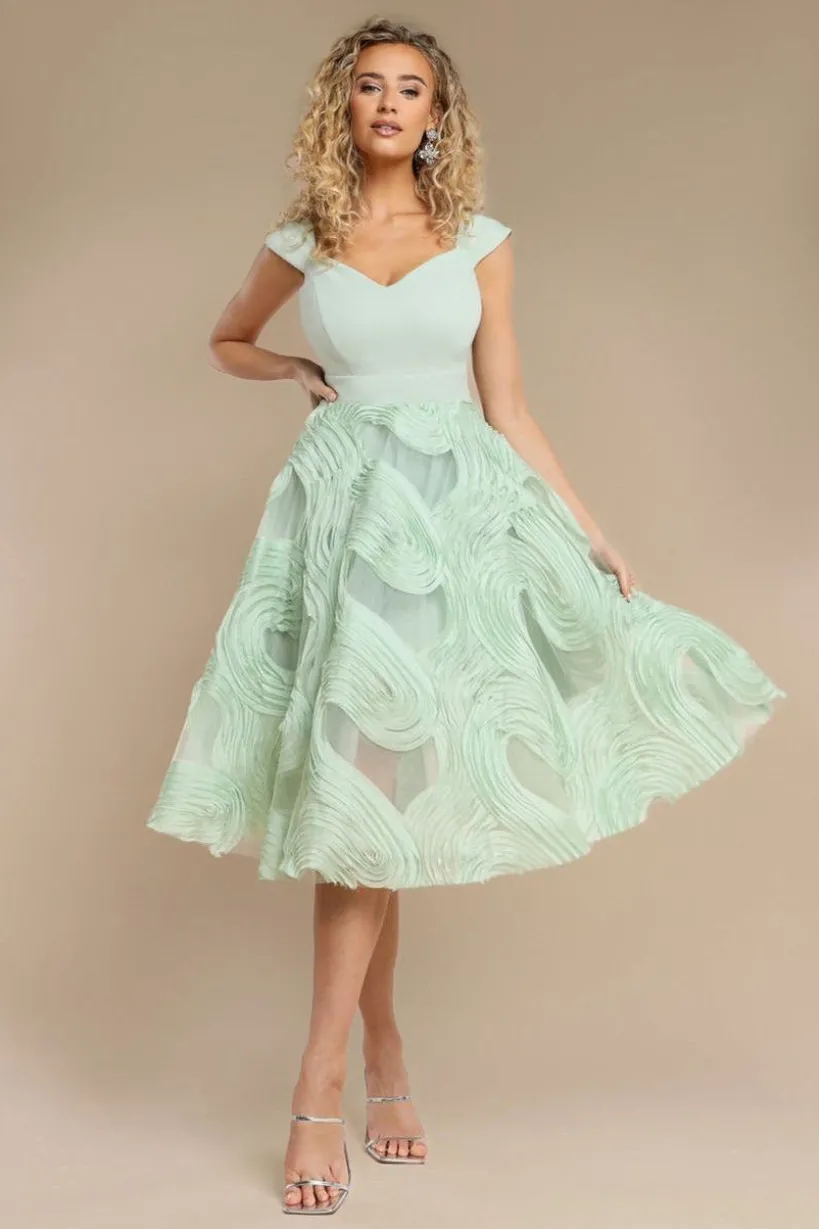 Scuba & Textured Chiffon A Line Midi Dress - Sage Green by Goddiva