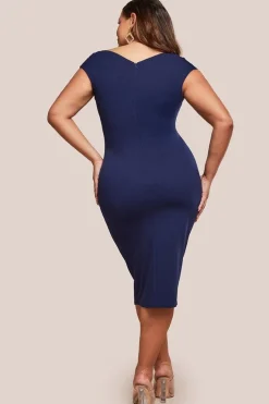 Scuba Bardot Pleated Midi Dress - Navy by Goddiva Plus