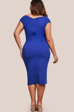 Scuba Bardot Pleated Midi Dress - Royalblue by Goddiva Plus