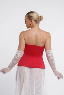 Scuba Boobtube Peplum Corset With Polka Dobby Chiffon A-Line Maxi Skirt With Scarf - Red & Cream by Goddiva