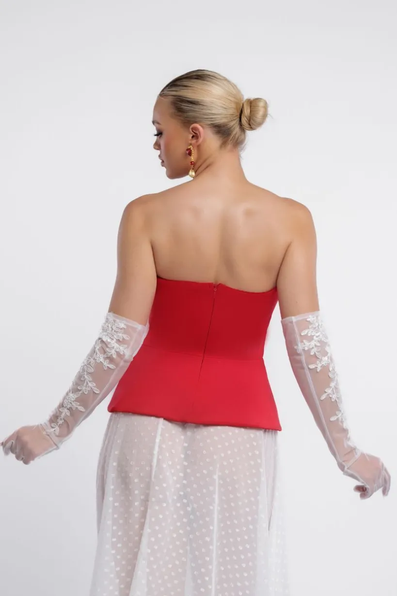 Scuba Boobtube Peplum Corset With Polka Dobby Chiffon A-Line Maxi Skirt With Scarf - Red & Cream by Goddiva