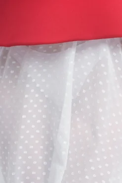 Scuba Boobtube Peplum Corset With Polka Dobby Chiffon A-Line Maxi Skirt With Scarf - Red & Cream by Goddiva