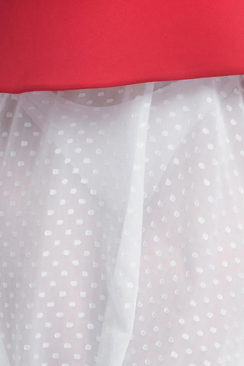 Scuba Boobtube Peplum Corset With Polka Dobby Chiffon A-Line Maxi Skirt With Scarf - Red & Cream by Goddiva