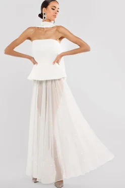 Scuba Boobtube Peplum Corset With Gathered A-Line Glitter Chiffon Maxi Skirt & Scarf - Cream by Goddiva