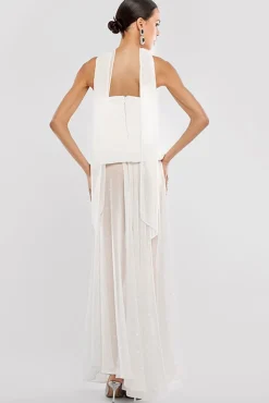 Scuba Boobtube Peplum Corset With Gathered A-Line Glitter Chiffon Maxi Skirt & Scarf - Cream by Goddiva